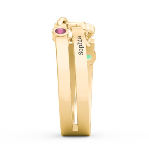 Engravable Diagonal Open Heart Ring – 10K Yellow Gold with Emerald and Ruby