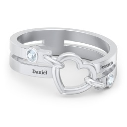 Engravable Diagonal Open Heart Ring in 925 Sterling Silver with Aquamarine