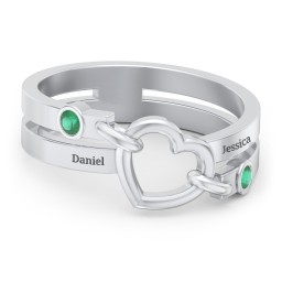Engravable Diagonal Open Heart Ring in 925 Sterling Silver with Emerald