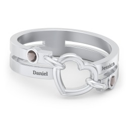 Engravable Diagonal Open Heart Ring in 925 Sterling Silver with Smokey Quartz