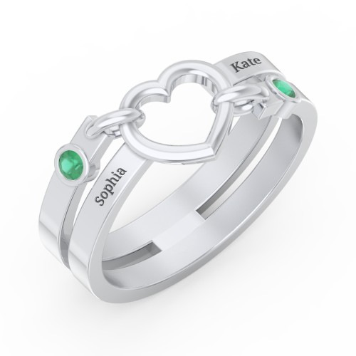 Engravable Diagonal Open Heart Ring – Sterling Silver with Emerald