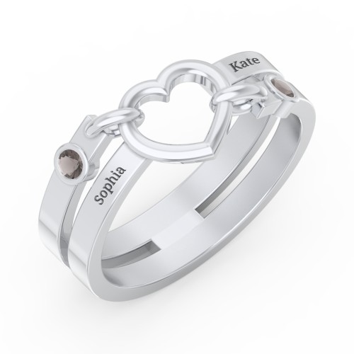 Engravable Diagonal Open Heart Ring – Sterling Silver with Smokey Quartz