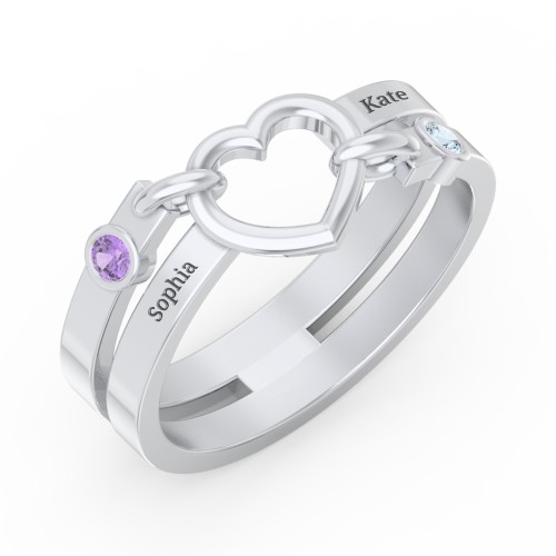 Engravable Diagonal Open Heart Ring – Sterling Silver with Amethyst and Blue Topaz