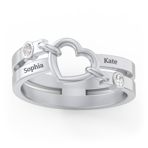 Engravable Diagonal Open Heart Ring – Sterling Silver with Cubic Zirconia