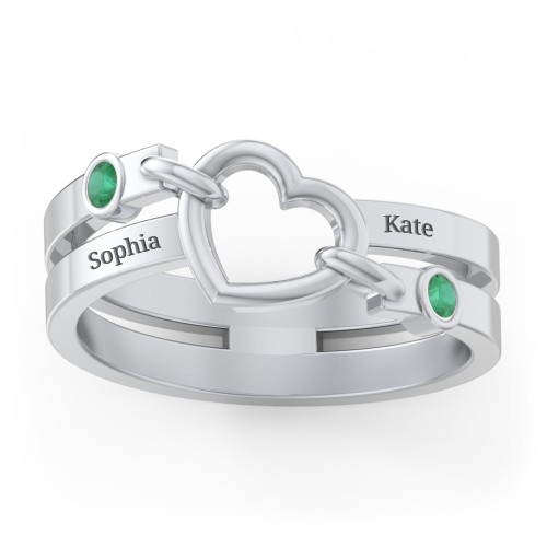 Engravable Diagonal Open Heart Ring – Sterling Silver with Emerald