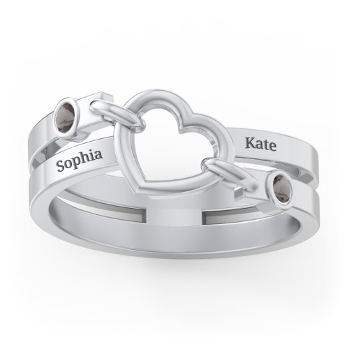 Engravable Diagonal Open Heart Ring – Sterling Silver with Smokey Quartz