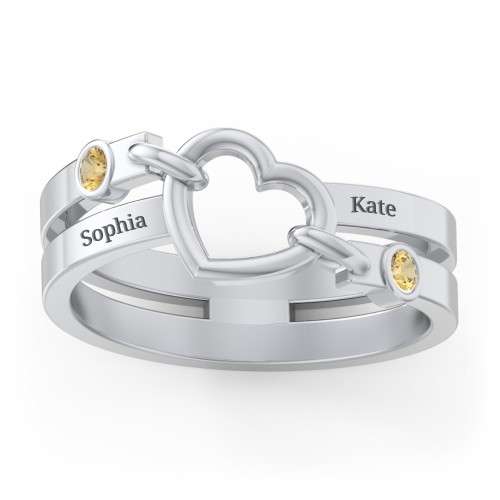 Engravable Diagonal Open Heart Ring – Sterling Silver with Citrine