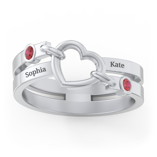 Engravable Diagonal Open Heart Ring – Sterling Silver with Garnet