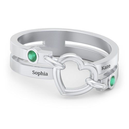 Engravable Diagonal Open Heart Ring – Sterling Silver with Emerald