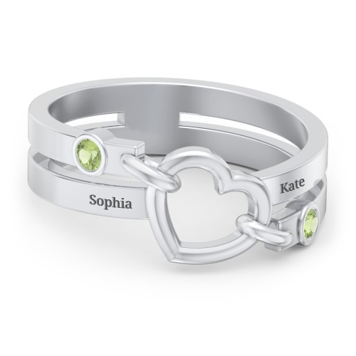 Engravable Diagonal Open Heart Ring – Sterling Silver with Peridot