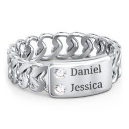 Heart Chain Link Ring with Nameplate in 925 Sterling Silver with Cubic Zirconia