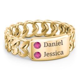 Heart Chain Link Ring with Nameplate in 18K Gold Plated Silver with Ruby