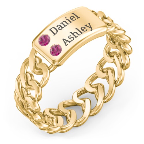 Heart Chain Link Ring with Nameplate – 18K Gold Plated Silver with Ruby