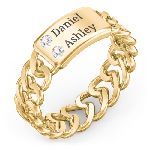 Heart Chain Link Ring with Nameplate – 18K Gold Plated Silver with Cubic Zirconia