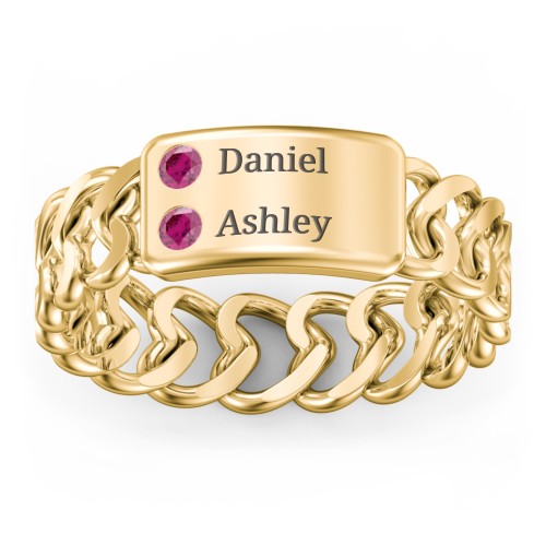 Heart Chain Link Ring with Nameplate – 18K Gold Plated Silver with Ruby