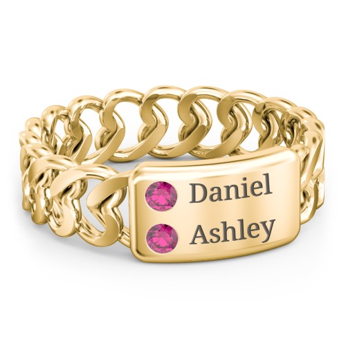 Heart Chain Link Ring with Nameplate – 18K Gold Plated Silver with Ruby