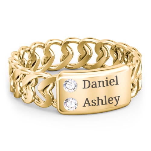 Heart Chain Link Ring with Nameplate – 18K Gold Plated Silver with Cubic Zirconia