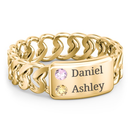 Heart Chain Link Ring with Nameplate – 18K Gold Plated Silver with Pink Tourmaline and Citrine