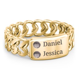 Heart Chain Link Ring with Nameplate in 18K Gold Plated Silver with Smokey Quartz