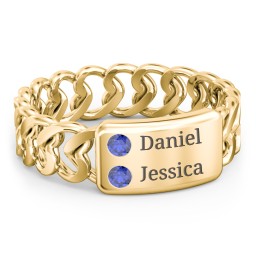 Heart Chain Link Ring with Nameplate in 18K Gold Plated Silver with Blue Sapphire