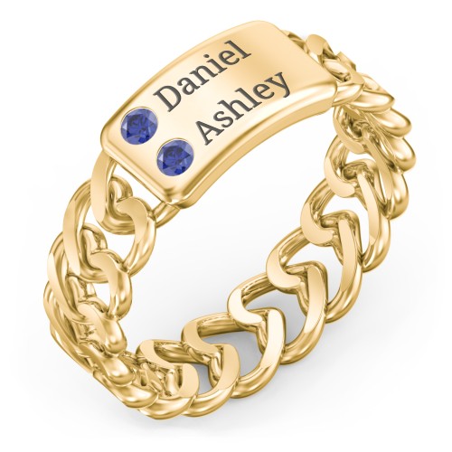Heart Chain Link Ring with Nameplate – 18K Gold Plated Silver with Blue Sapphire
