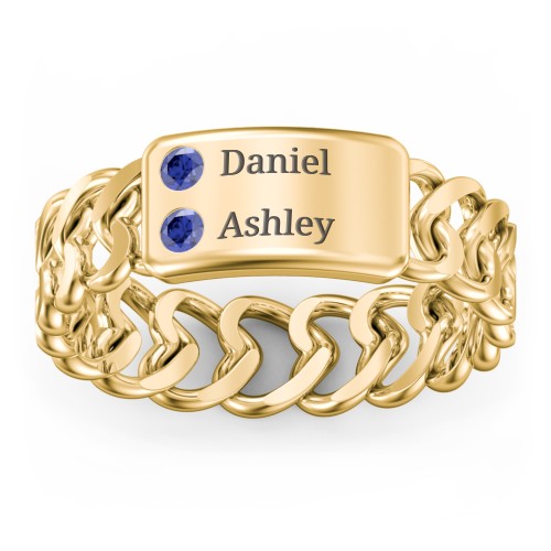 Heart Chain Link Ring with Nameplate – 18K Gold Plated Silver with Blue Sapphire