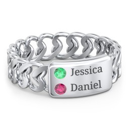 Heart Chain Link Ring with Nameplate in 925 Sterling Silver with Emerald and Ruby