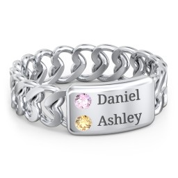 Heart Chain Link Ring with Nameplate in 925 Sterling Silver with Pink Tourmaline and Citrine