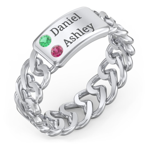 Heart Chain Link Ring with Nameplate – Sterling Silver with Emerald and Ruby
