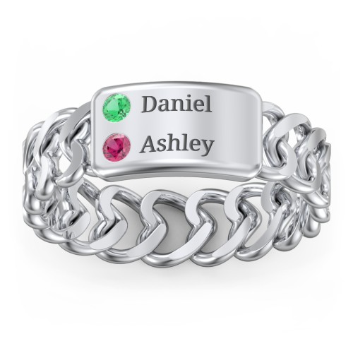 Heart Chain Link Ring with Nameplate – Sterling Silver with Emerald and Ruby