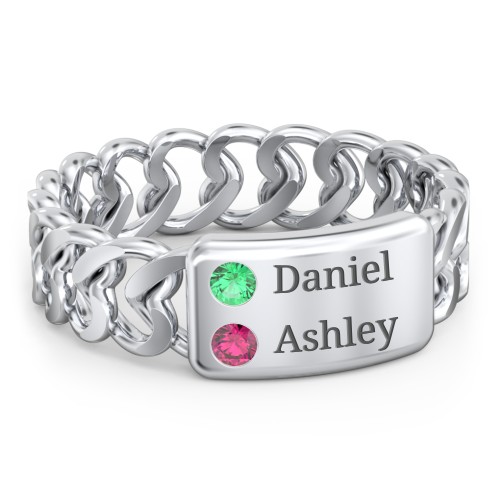 Heart Chain Link Ring with Nameplate – Sterling Silver with Emerald and Ruby