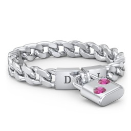 Engravable Padlock Chain Ring with Gemstones in 925 Sterling Silver with Ruby