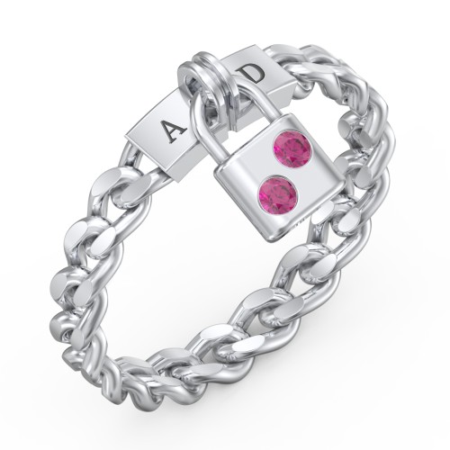 Engravable Padlock Chain Ring with Gemstones – Sterling Silver with Ruby