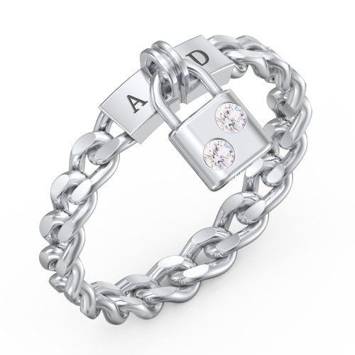 Engravable Padlock Chain Ring with Gemstones – Sterling Silver with Cubic Zirconia