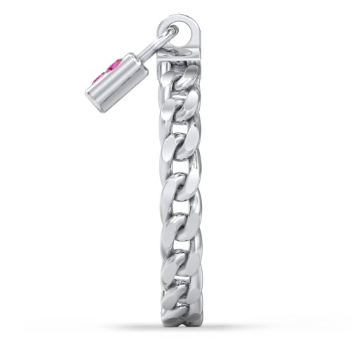 Engravable Padlock Chain Ring with Gemstones – Sterling Silver with Ruby