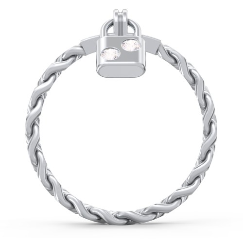 Engravable Padlock Chain Ring with Gemstones – Sterling Silver with Cubic Zirconia