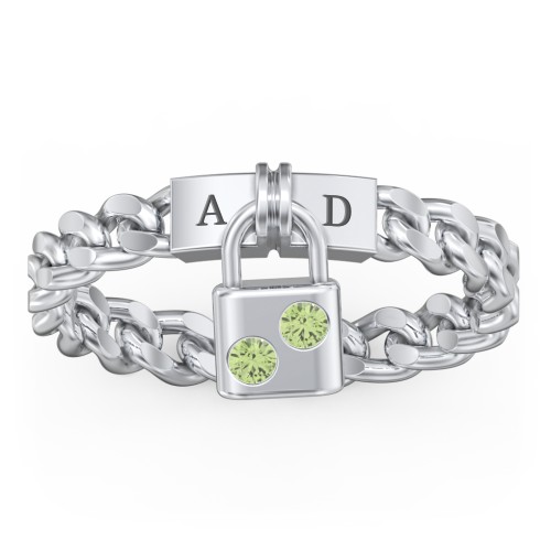 Engravable Padlock Chain Ring with Gemstones