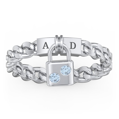 Engravable Padlock Chain Ring with Gemstones