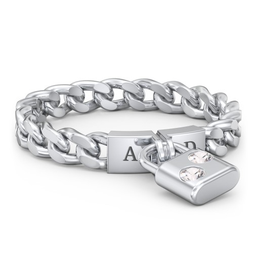 Engravable Padlock Chain Ring with Gemstones – Sterling Silver with Cubic Zirconia