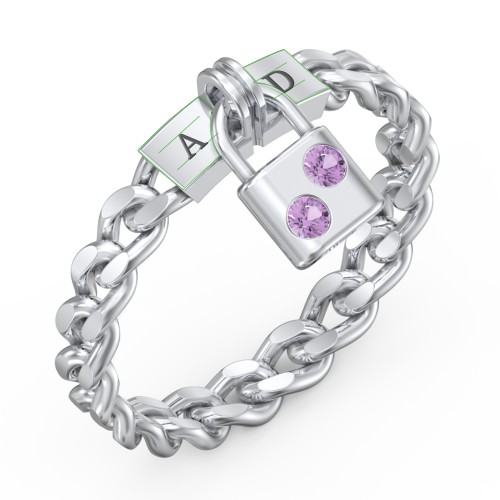 Engravable Padlock Chain Ring with Gemstones – Sterling Silver with Amethyst