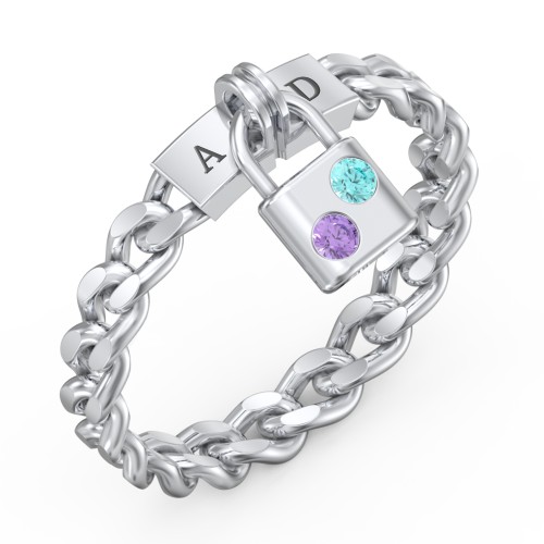 Engravable Padlock Chain Ring with Gemstones – Sterling Silver with Amethyst and Mint Premium Zirconia