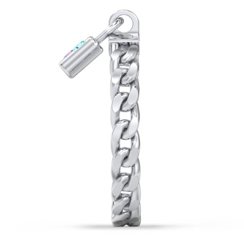 Engravable Padlock Chain Ring with Gemstones – Sterling Silver with Amethyst and Mint Premium Zirconia