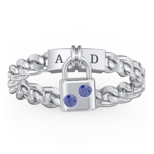 Engravable Padlock Chain Ring with Gemstones – Sterling Silver with Blue Sapphire