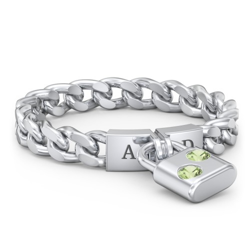 Engravable Padlock Chain Ring with Gemstones – Sterling Silver with Peridot