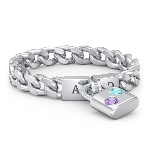 Engravable Padlock Chain Ring with Gemstones – Sterling Silver with Amethyst and Mint Premium Zirconia