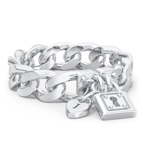Curb Chain Ring with Padlock and Engravable Heart Charm