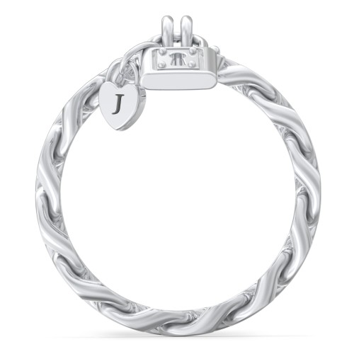 Curb Chain Ring with Padlock and Engravable Heart Charm – Sterling Silver
