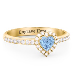 Halo Heart Ring with Accented Band in 18K Gold Plated Silver with Blue Topaz and White Premium Zirconia