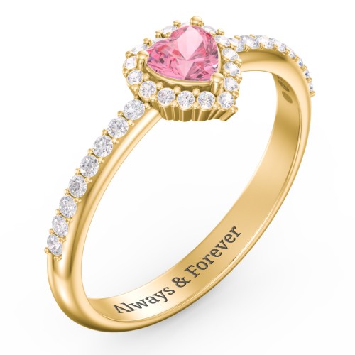 Halo Heart Ring with Accented Band – 18K Gold Plated Silver with Pink Tourmaline and White Premium Zirconia