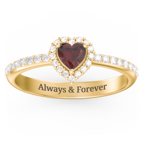 Halo Heart Ring with Accented Band – 18K Gold Plated Silver with Garnet and White Premium Zirconia
